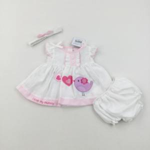 newborn-1st-size-up-to-1-month Nursery Time 'I Love My Mummy' Bird & Hearts White Dress, Nappy Pants & Headband - Brand New With Tags