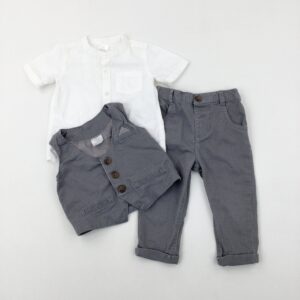 9-12-months F&F Outfit White Short Sleeve Shirt Patterned Grey Trousers & Waistcoat