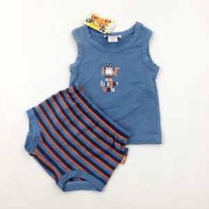 6-9-months 'Bright Bots' Robots Colourful Striped Blue Vest Top & Jersey Shorts Set - Brand New With Tags
