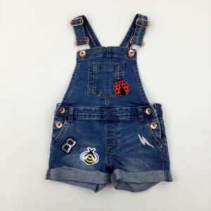 2-3-years Primark Ladybird & Bee Appliqued Mid Blue Denim Short Dungarees