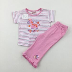 3-6-months Primark 'Pretty' Giraffe Appliqued Pink Striped T-Shirt & Leggings Set - Brand New With Tags