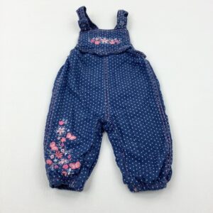 3-6-months George Flowers Embroidered Spotty Navy Denim Effect Lined Dungarees