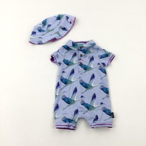 newborn-1st-size-up-to-1-month Ted Baker Birds Blue Cotton Romper & Hat