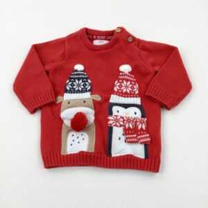 3-6-months F&F Reindeer & Penguin Appliqued Red Knitted Jumper