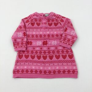 0-3-months TU Snowflakes & Hearts Patterned Pink & Red Knitted Dress