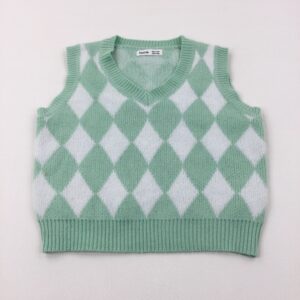 8-9-years Shein - Diamond Patterned Mint Green & White Knitted Tank Top