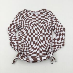 11-12-years Peacocks Patterned Brown & White Long Sleeve Tie Sides Top