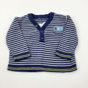 0-3-months George 123 Appliqued Navy & Grey Striped Knitted Jumper