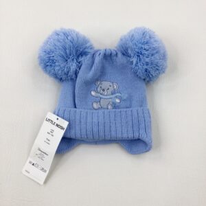 3-6-months Little Nosh - Bear Embroidered Blue Knitted Lined Winter Bauble Hat - Brand New With Tags