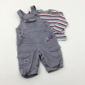 3-6-months Cherokee 'Supercute' Grey Cargo Dungarees & Striped Long Sleeve Top Set