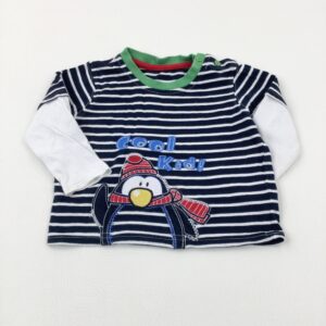 6-9-months George 'Cool Kid!' Penguin Appliqued Navy Striped Long Sleeve Christmas Top