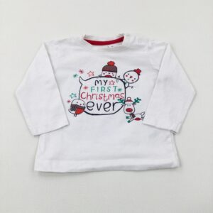 9-12-months Nutmeg 'My First Christmas Ever' Snowman & Robin White Long Sleeve Christmas Top