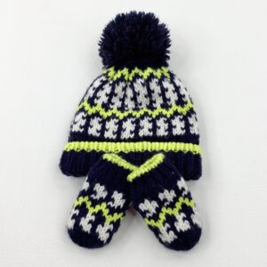 3-6-months Next Patterned Navy & Yellow Fleece Lined Knitted Winter Bobble Hat & Mittens Set