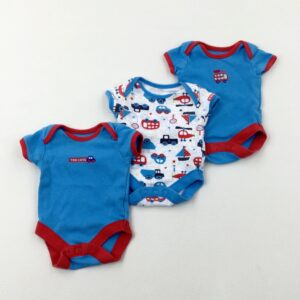 tiny-baby George Set Of 3 Short Sleeve Bodysuits - Blue/Patterned/Bus