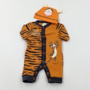 tiny-baby Mini Club 'Tigger Loves To Bounce' Appliqued Orange & Charcoal Grey Romper & Jersey Hat Set