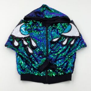 13-14-years - Bold Eyes Design Sequinned Blue & Green Zip Through Hoodie