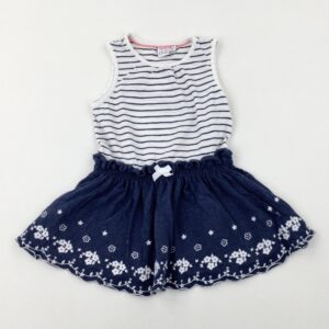 18-24-months Mini Club Flowers Embroidered Blue & White Striped Dress