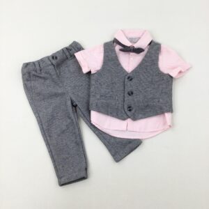 6-9-months Primark Pink Shirt With Grey Bow Tie Waistcoat & Trousers Set - Adjustable Waist