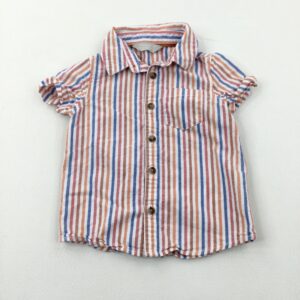 12-18-months Primark Red Orange & Blue Striped Short Sleeve Cotton Shirt