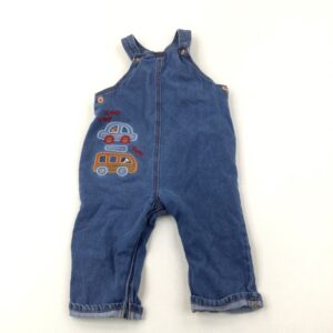 12-18-months Nutmeg 'Beep Beep' Vehicle Embroidered Mid Blue Denim Dungarees