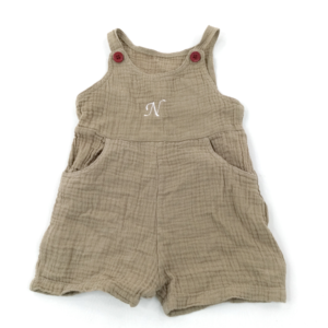 12-18-months - 'N' Embroidered Beige Lightweight Cotton Short Dungarees