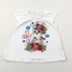 12-18-months Benetton 'It's Friday!' Kitten & Flowers White T-Shirt