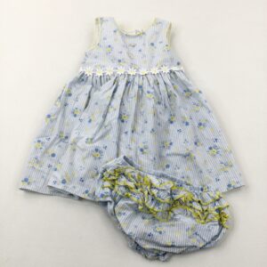 12-18-months TU Flowers Blue, Yellow & White Lined Party Dress With Matching Nappy Pants